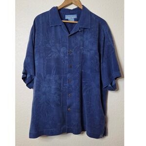 Bermuda Bay 100% Silk Shirt XL Blue Hawaiian Floral Jacquard Resort Camp
